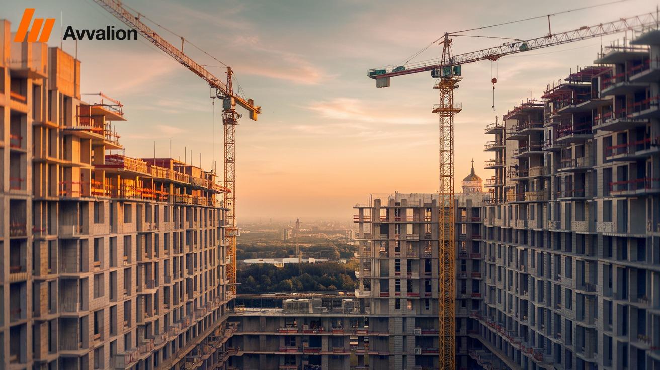Due gru da cantiere al tramonto sopra edifici residenziali ancora in struttura